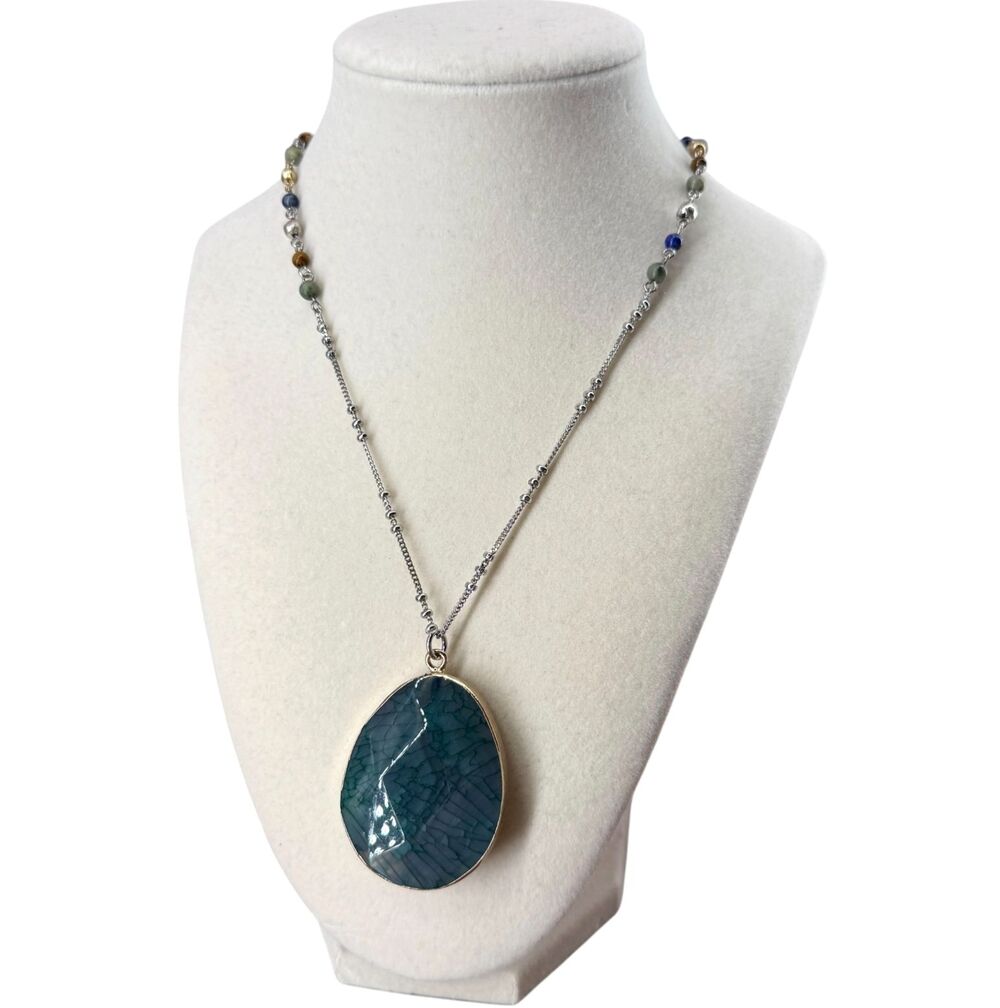 J Jill Green Agate Pendant Necklace Oval Beaded Autumn Stones Adjustable Earthy - Picture 3 of 12